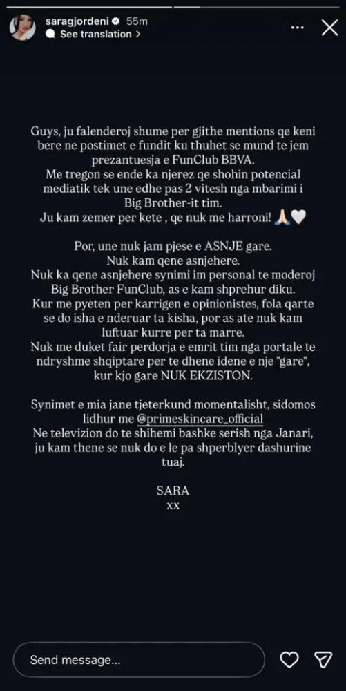 Do të jetë opinioniste në  Fan Club BBVA   Flet për herë të parë Sara Gjordeni